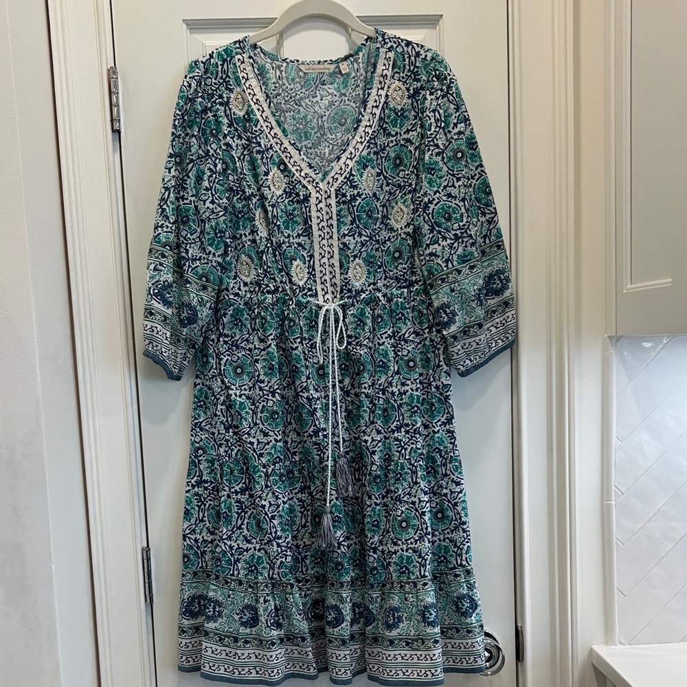Soft Surroundings Teal and White Long Sleeve Dress